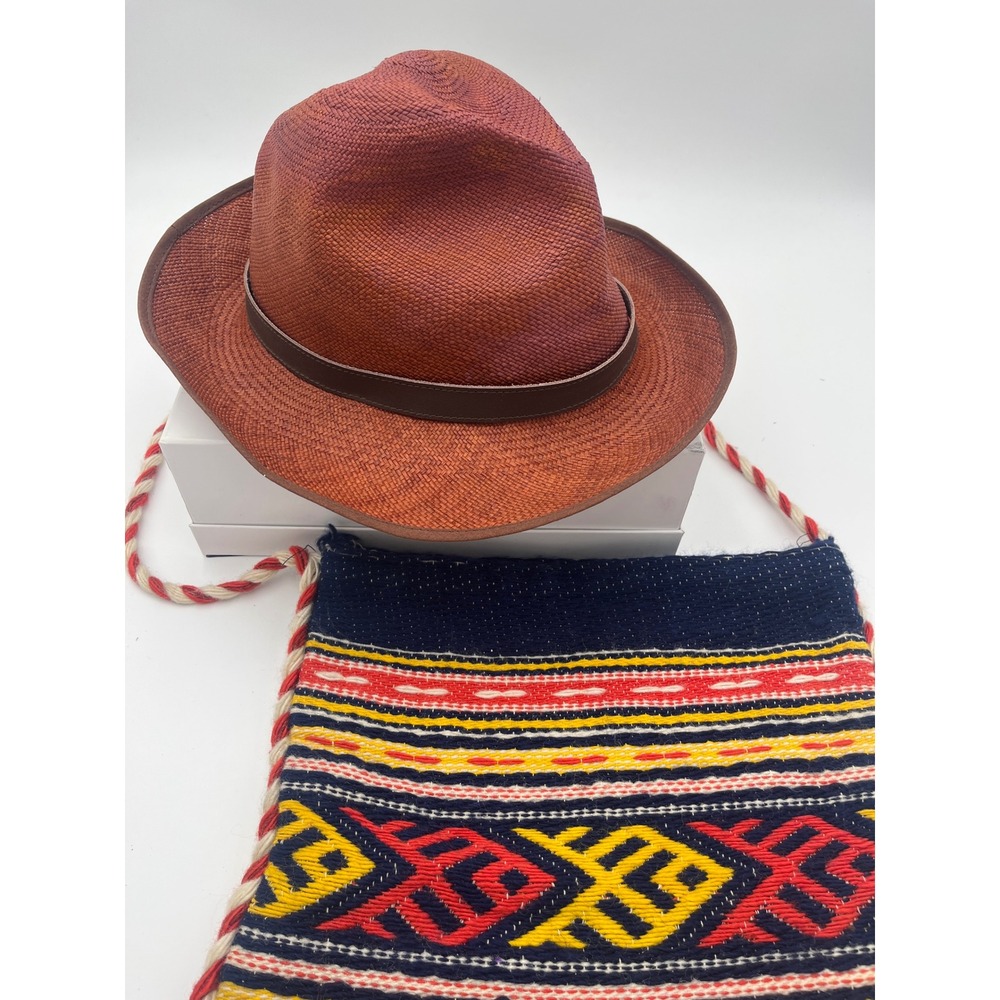 Moo-Chila Ecuador Straw Fedora Hat Terracotta Orange Leather Band XXL